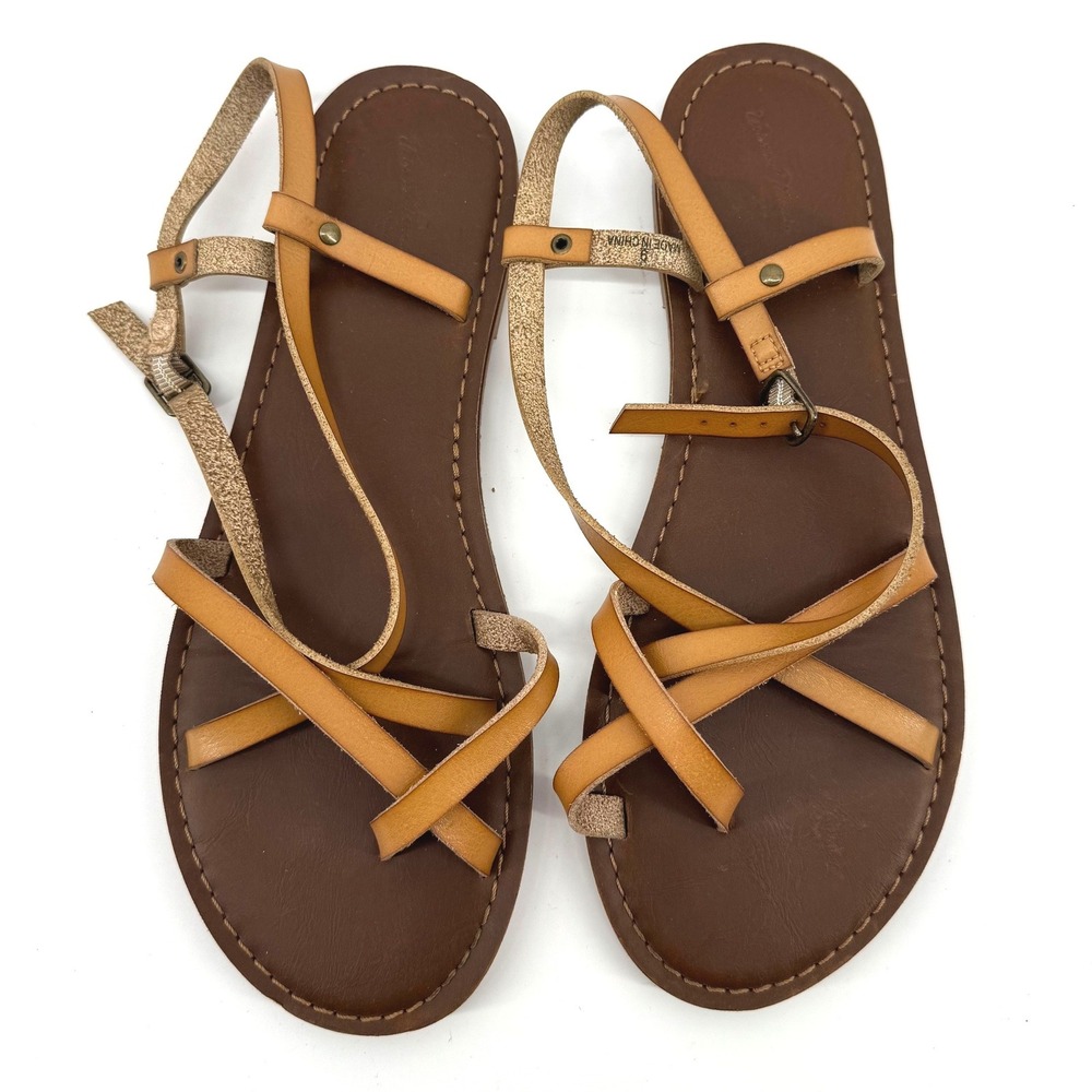 Womens Tan Strappy Flat Gladiator Sandals Size 9 Boho Neutral Minimalist Beach